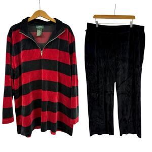 Ralph Lauren Womens 3X Red Black Red Stripe Velour Track Suit Set Half Zip